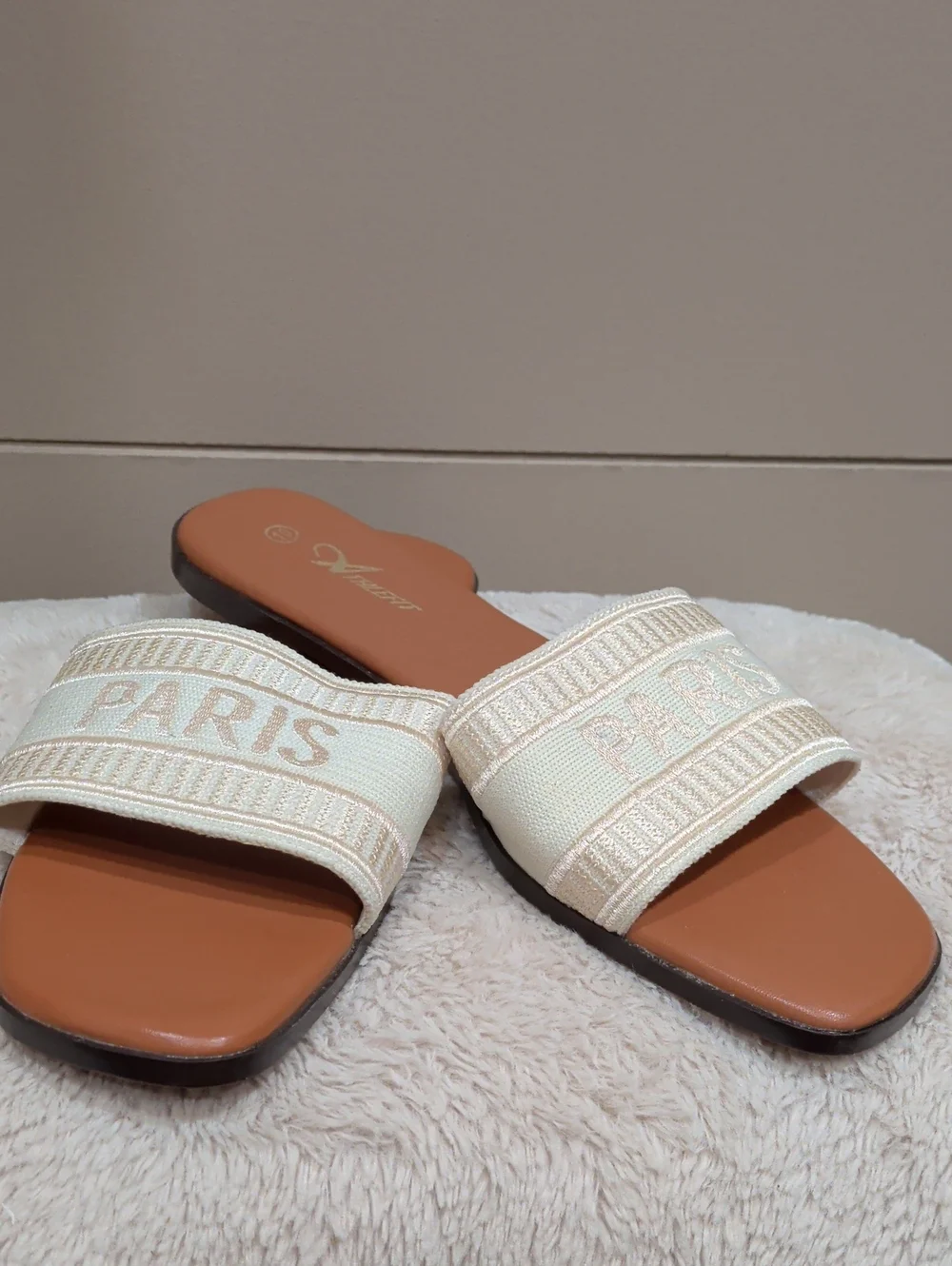 Women’s Cream 'Paris' Embroidered Slide Sandals by